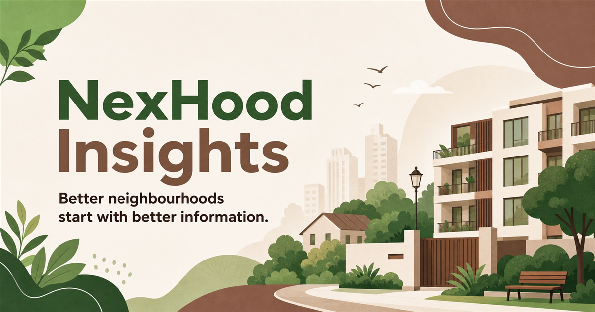 NexHood Insights graphic illustrating neighbourhood modern residential properties and green landscape.