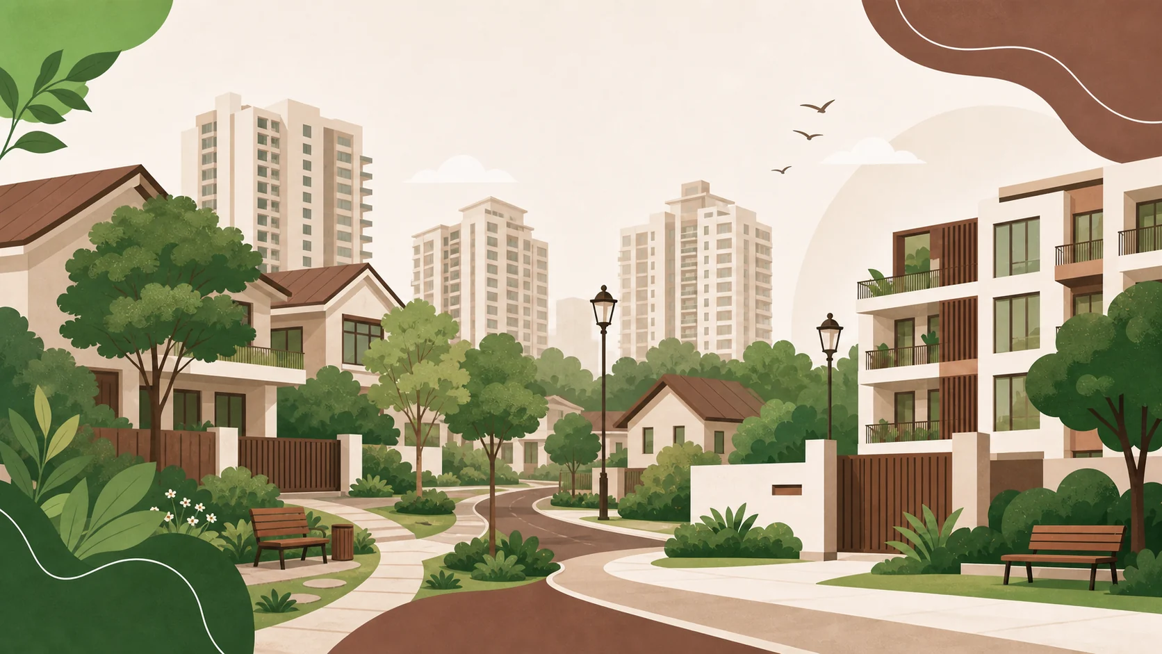 Illustrated Malaysian neighbourhood with homes, condominiums, walkways and greenery