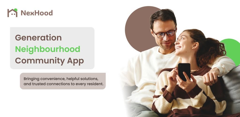 Residents using the NexHood neighbourhood community app together